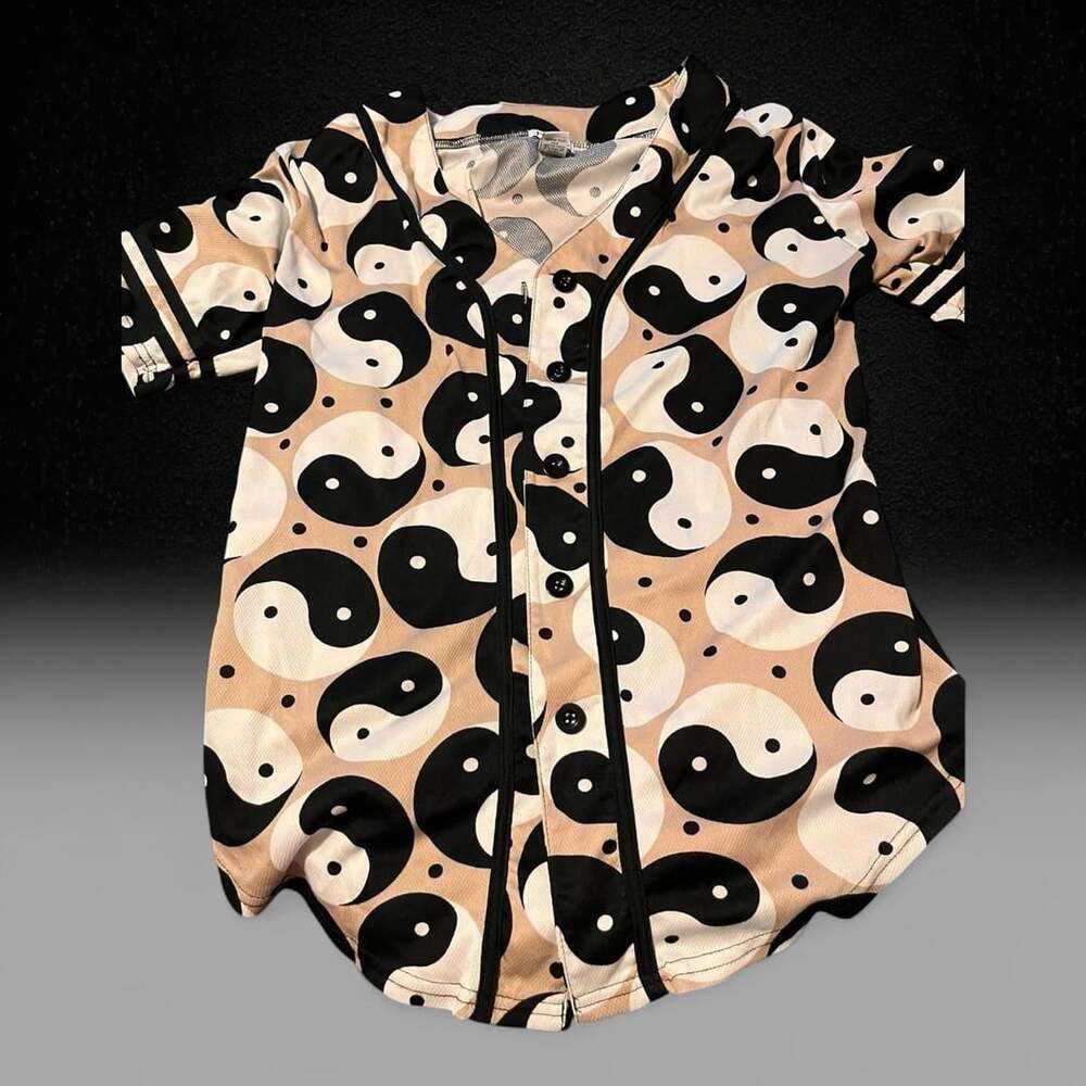 Yin Yang Print All-Over Baseball Jersey Black Beige